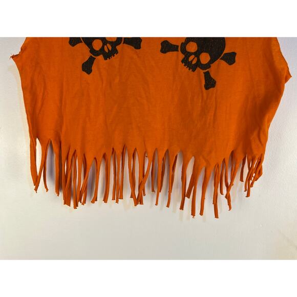 Upcycled Halloween Skeleton Skull T-Shirt Medium Orange Fringe Distressed - Picture 3 of 7